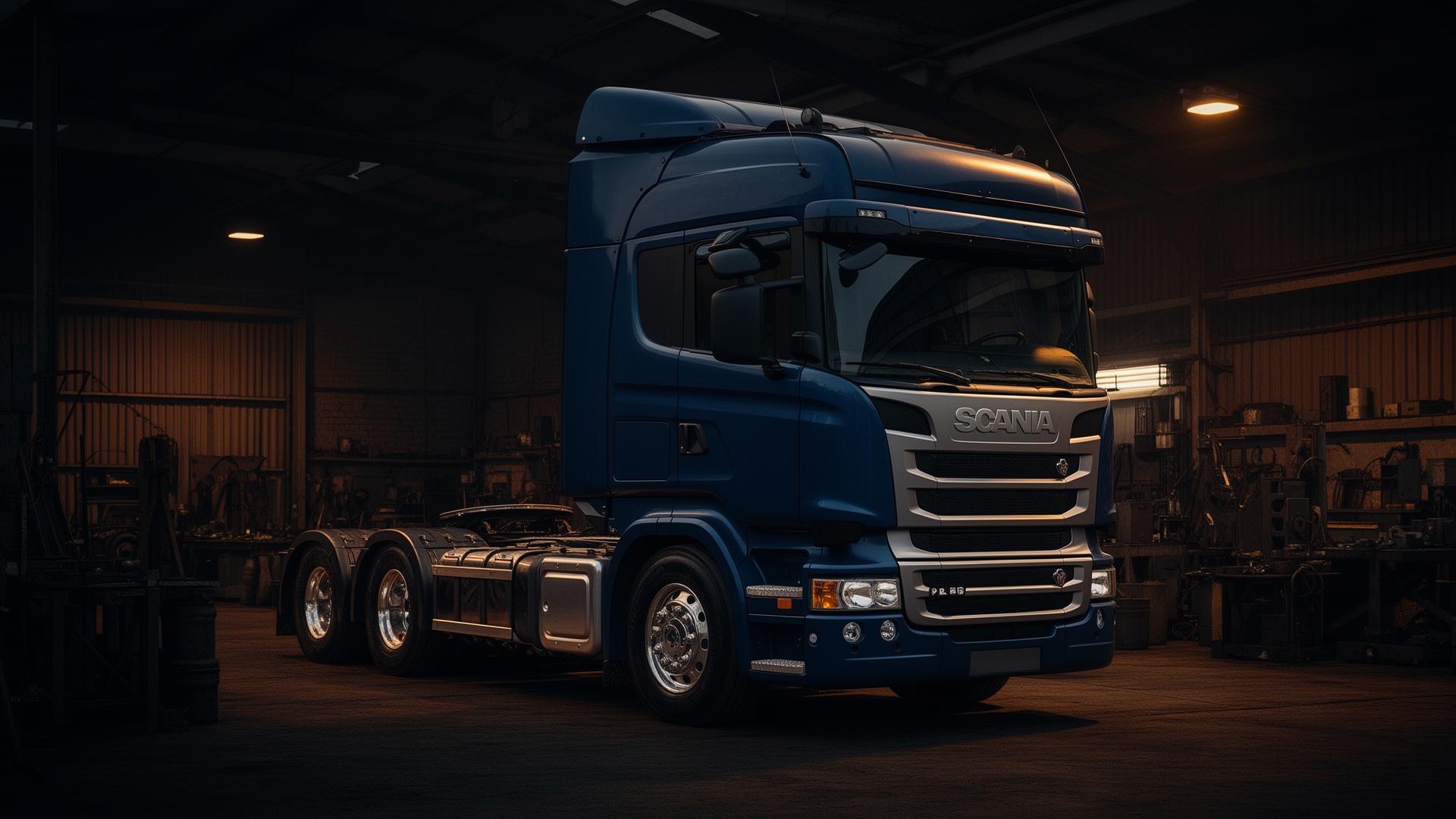 Caminhão Scania pesado em oficina industrial